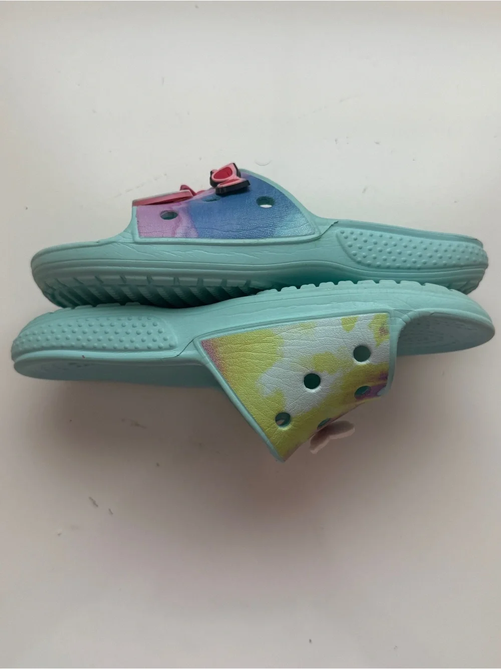 CROCS Kids Light Blue Tie-Dye Slide Sandals Size 12 w/charms